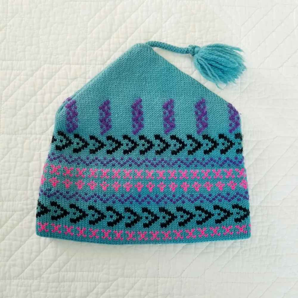 Capello Teal Patterned Wool Ski Winter Hat Made In Canada